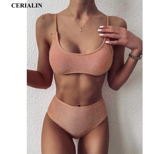 Cerialin Sexy Bikinis Swimsuits Women Push Up Swimwear Shiny Solid Color Split Bathing Suit Female Summer Hot Swimming Beachwear
