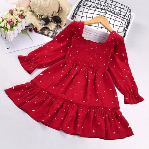 Girls Princess Dress Autumn Spring Red Elegant Dresses for Kids Long Sleeve Square Collar Clothing
