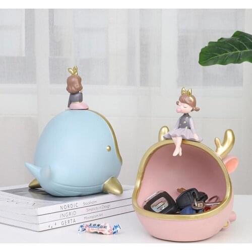 Resin Blowing Bubbles Girl Storage Figurines Entrance Key Storage Box Big Mouth Whale Creative Cartoon Girl Home Decoration