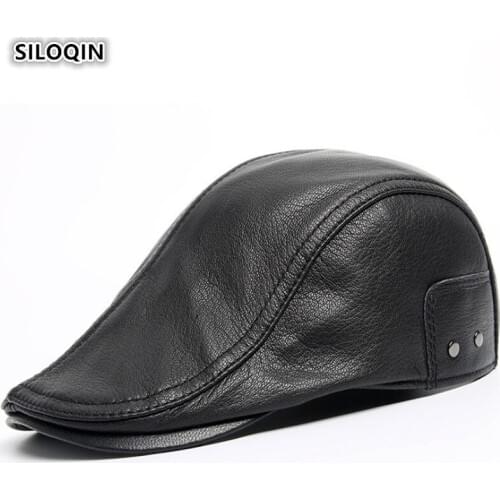 SILOQIN Men‘s Winter Genuine Leather Hat Quality First Layer Sheep Skin Berets Adjustable Size Leisure Warm Tongue Cap Snapback