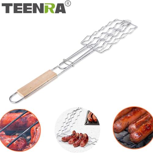 TEENRA Barbecue Sausage Grilling Basket Hot Dog Metal Mesh Clip BBQ Rack with Wooden Handle Barbecue Gripper