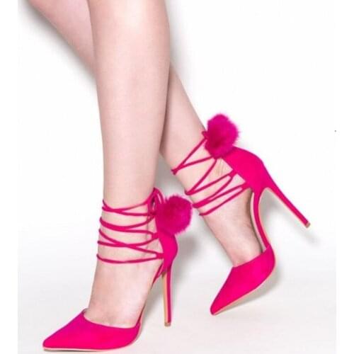Hot Pink Pom Pom Heels Pumps Ankle Wrap Lace-up Pointed Toe Strappy Shoes Hollow Suede Party Dress Shoes Gladiator Heels Sandals