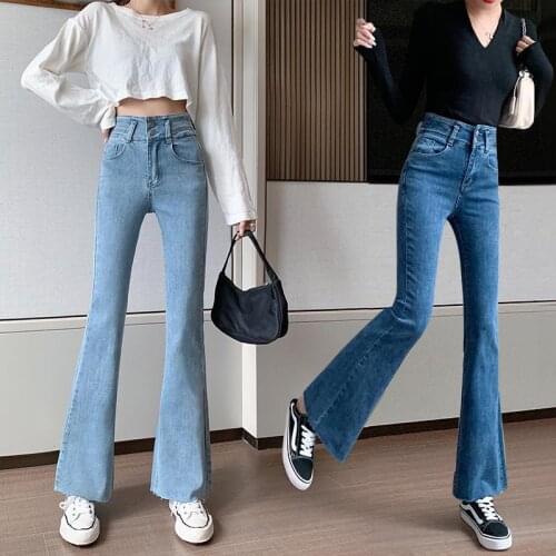 Womens Flare Jeans 2021 Spring Summer Elastic Raw Edge High Waist Slim Casual Denim Pants Trumpet Long Pants For Women