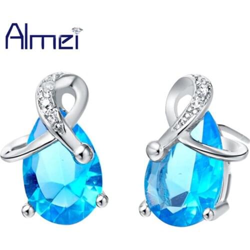 Almei Ear Cuff Earrings For Women Micro Pave Blue Crystal Stones Stud Earring Oorbellen Silver Color Earing Costume Jewelry R172