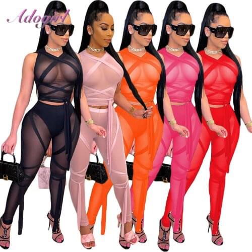 Women Solid Ribbon Lace Up Sheer Mesh Two Piece Set Sleeveless Crop Top Pencil Pants Night Club Matching Set Suit Beach Outfit