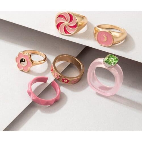 Fashion Acrylic Geometric Rings Womens TRENDY Wedding Bands Marca Dragon Pink Windmill Flowers 6 Piece Rings Jewelry for Girls