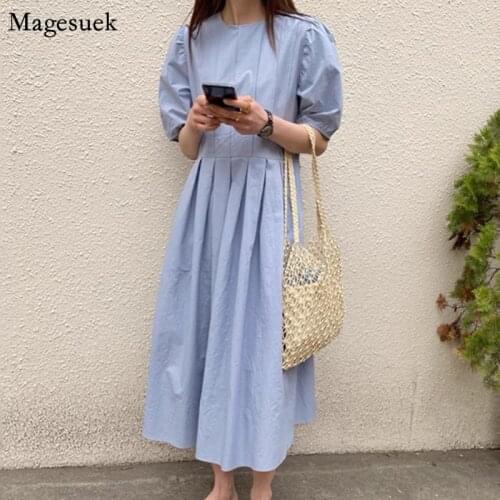 Vinatge Elegant Long Dress Women 2021 Korean Blue White Summer Dress Woman Loose Cotton Party Maxi Dresses Female Vestidos 14513