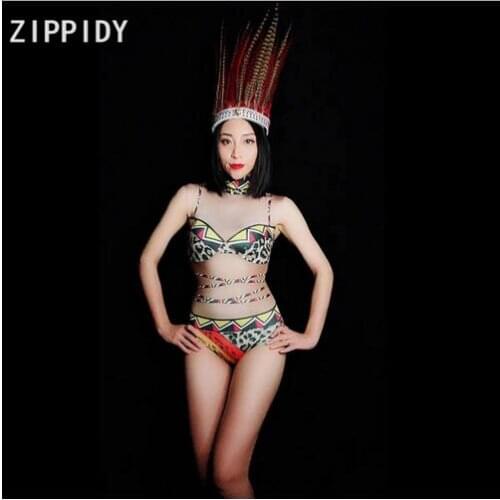 Geometric Leopard Pattern Spandex Bodysuit Stretch Fabrics Women Singer Dancer DS DJ Outfit Bar Show Bodysuit Womens Birthday