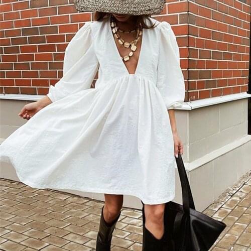 Ruffle White Dress Sexy Puff Sleeve Split Girl Summer Dress Elegant Chiffon Fairy Deep V Dress Woman Prom Dress