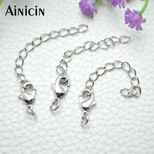 50pcs High Quality Silver Plated 7x12mm Lobster Claps With 45mm Extra Chain Fashion Jewelry Making Materials