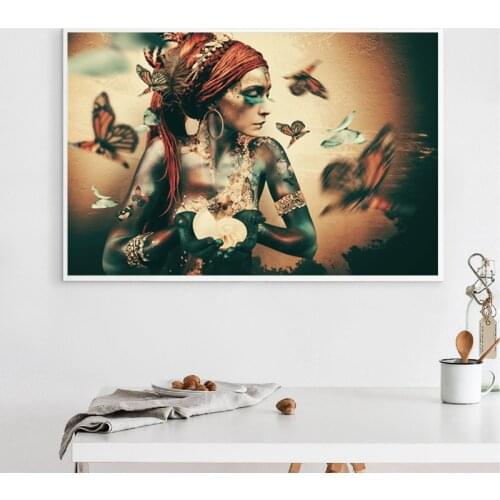 Abstract African Woman Painting Canvas Posters and Prints Scandinavian Wall Butterfly Art Picture for Living Room Unframed
