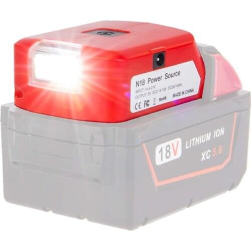 For Milwaukee 18V Li-ion Battery M18 Adapter LED Light Working Lamp Flashlight Torch Dual USB Mobile Phone Charger DC 12V Output