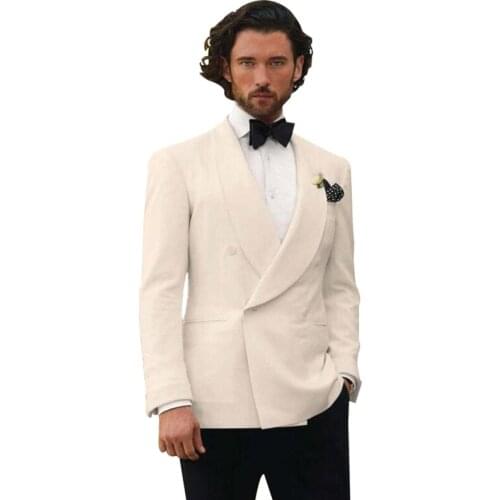 ANNIEBRITNEY Double Breasted Ivory 2 Piece Men Suit With Black Pants Slim Fit Groom Wedding Tuxedo Tailor Made Ivory Men Suit