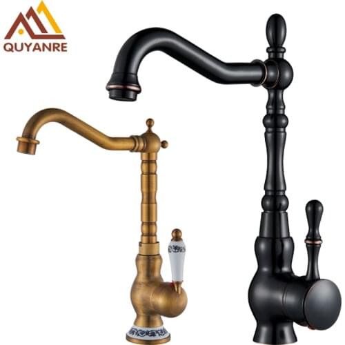 Quyanre Black Bronze Retro Antique Brass Basin Faucet Single Handle Mixer Tap 360 Rotation Kitchen Faucet Kitchen Mixer Taps