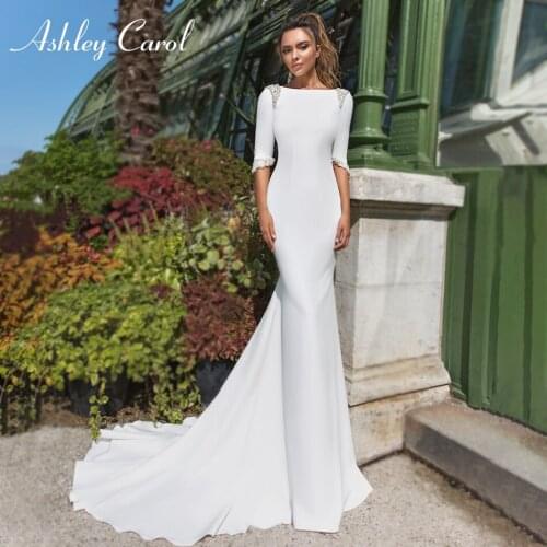 Ashley Carol Mermaid Wedding Dress 2021 Shiny Beaded Scoop Satin Long Sleeve Elegant Backless Bride Dresses Vestido De Novia