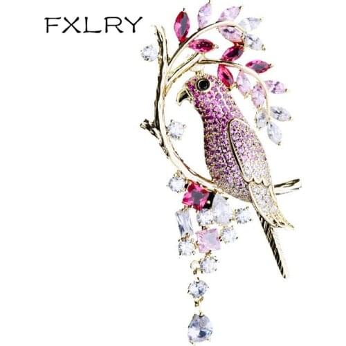 FXLRY Personality Fashion AAA Cubic Zircon Parrot Brooch Pin For Women For Women Suit Coat Accessories