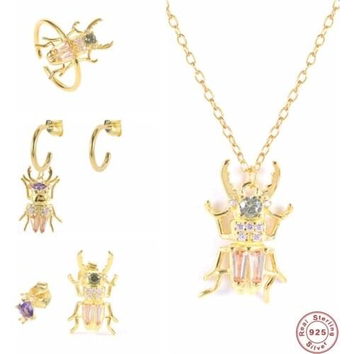 Aide 925 Sterling Silver Colored Zircon CZ Beetle Pendant Drop Earrings Animal Ear Studs Adjustable Rings Necklace Jewelry Set