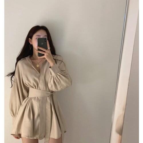 Korean Autumn Loose Solid Color Waist Shirt With Belt + Wide Leg Shorts Two Piece Set Women