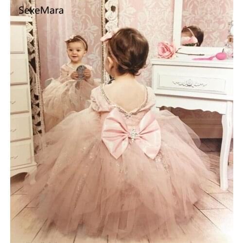 Long Sleeves Baby Girls Clothes for Wedding Sparkly Sequins Crystals Ruffles Tulle Girls Children Pageant Birthday Gown