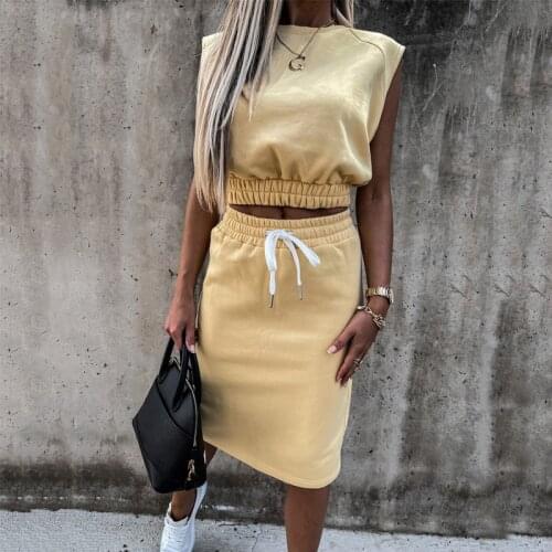 2021 Summer Women Causal Loose Round Neck Two Piece Dress Homewear Sleeveless Top&Drawstring Skirt Set Elgant Female Tracksuitar