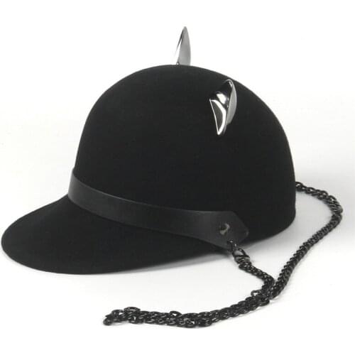100% Wool Women Black Fedora Hat With Chain Devil Horns Cute Cat Ear Animal Derby Bowler Baseball Visor Cap 55-57CM