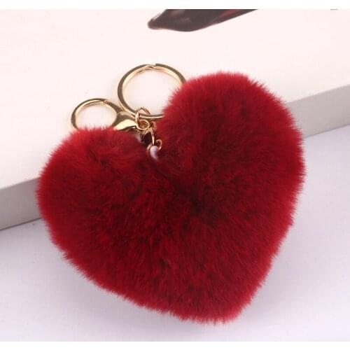 Cute Heart Shaped Pompoms Keychain Solid Color and Leopard Pattern Plush Balls Keyring with Lobster Clasp Bag Hanging Pendant