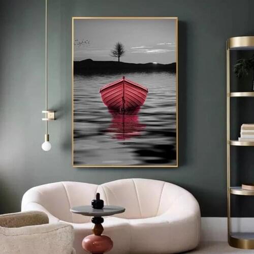 Nordic Black and White Red Boat Lake Pictures Landscape Posters and Prints Canvas Painting Wall Pictures for Living Room Cuadros