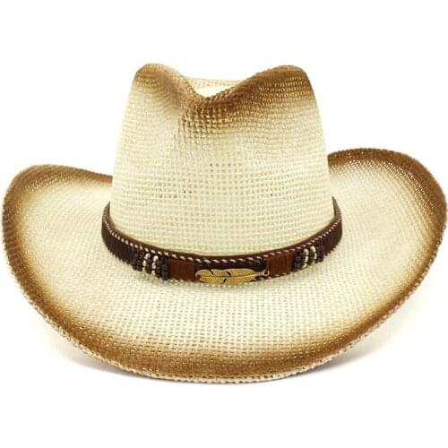 Fashion Unisex Men Women Brown Spray Paint Paper Straw Cowboy Hats 2019 Summer Outdoor Large Brim Sunhat Leather Band Decor