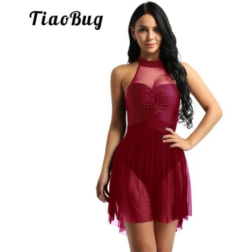 TiaoBug Women Halter Polka Dots Irregular Tulle Hem Ballet Tutu Dress Gymnastics Leotard Ballerina Lyrical Competition Dancewear