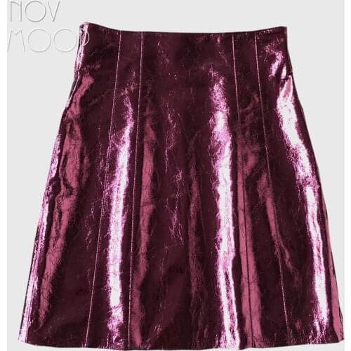 Punk style women wine red genuine leather real lambskin patent leather high waist A-Line skirt faldas mujer etek jupe LT2387