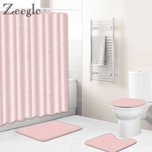 Zeegle Modern Toilet Mat Set with Shower Curtain Washable Bathroom Mat Lid Toilet Cover Mat Waterproof Toilet Curtain with Hooks