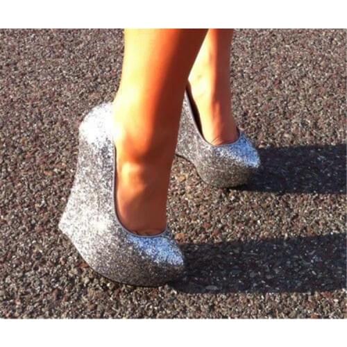 New fashion woman high platform wedge pumps bling bling shiny high wedge heel platform pumps custom make large size 45