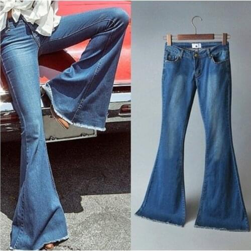 Womens Elastic High-waist Slim-fit Denim Pocket Button Casual Boot-cut Trouser Jeans Womens Straight Button Flared Jeans