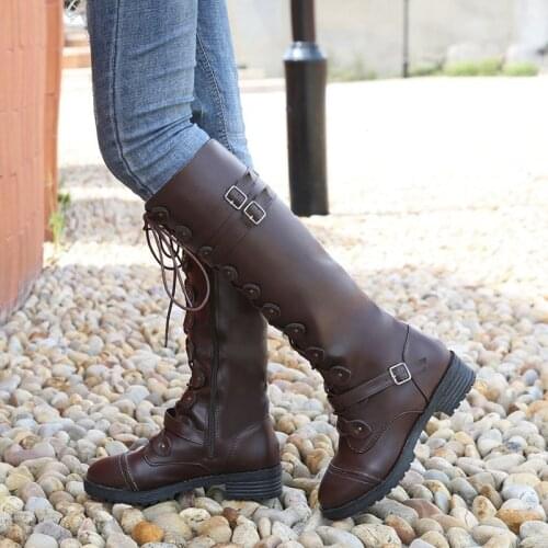 Women Metal Buckle Knee High Boots Womens Roman Lace Up Shoes Woman Cool Low Heel Female Boot Ladies Leather Footwear Plus Size