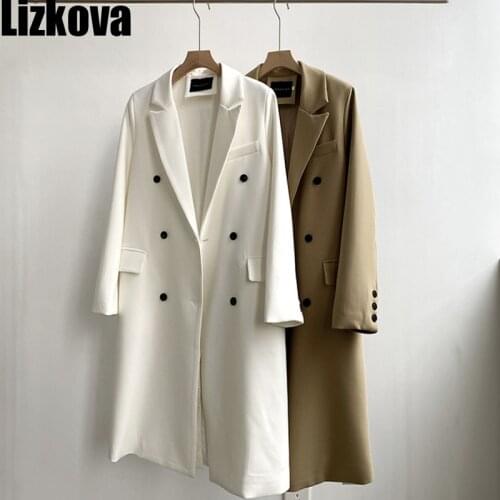 Lizkova White Long Coat Women Double-breasted Korean Style Trench Coat 2021 Spring Fashion Black Casual Long Jacket Outwear 3623