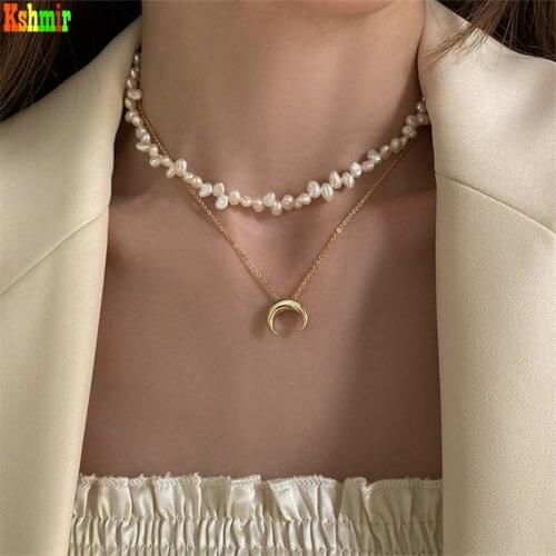 Kshmir Fashion gold crescent pearl necklace design simple necklace temperament freshwater pearl crescent clavicle chain female