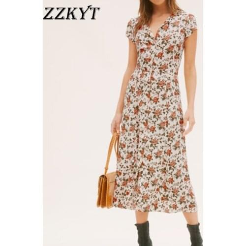 ZZKYT 2021 Women Summer Vintage Floral Print Split Midi Dress Fashion O-Neck Short Sleeve Single Breasted Party Female Dresses