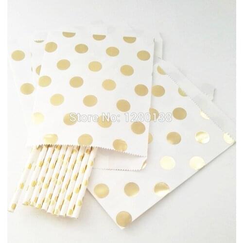 Gold Party Paper Straws, Gift Packaing Bags, Shiny Foil Gold Wedding Baby Shower Decor Supplies Paper Tableware