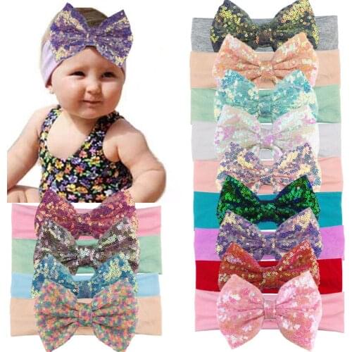 20Pcs Kids Girls 5" Sparkle Sequins Knotted Bow With Cotton Turban Headband Toddlers Soft Stretchy Headdress Hair Accessories