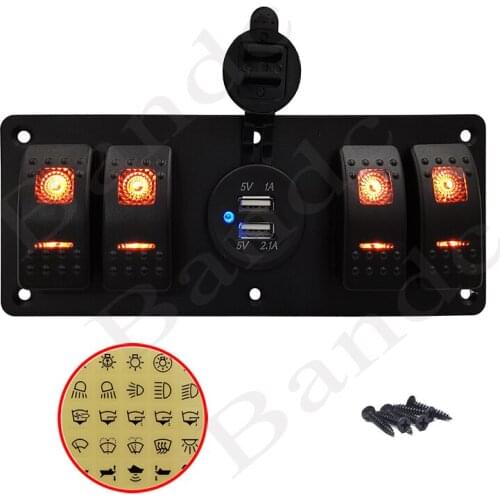 4 Gang Rocker Switch Panel with Dual USB Slot Socket Illuminated Led Lights for Car Boat Bus Truck RV Camper, 100 Car Sticker