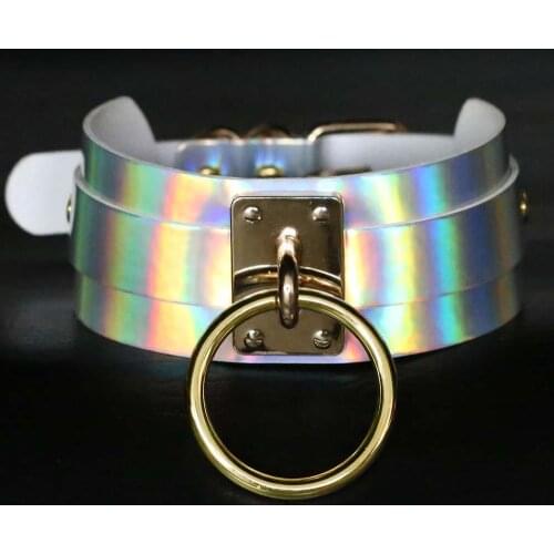 Festival holographic Circle Choker punk laser Leather Collar Round Necklace Statement Chain club party Harajuku Jewelry