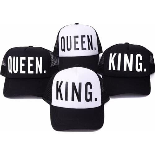 2017 new KING QUEEN Print Trucker Caps Men Women Polyester Mesh Summer Flat Visor Snapback Hat White Black Couple Gifts