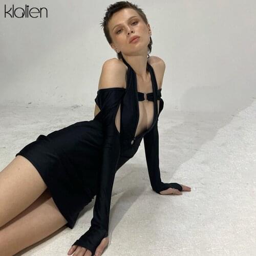 KLALIEN Fashion Sexy Hollow Out Autumn Long Sleeve Skinny Stretch Women Dress New Casual Club Street Mini Bodycon Dresses