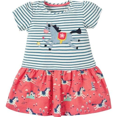 Little Maven New Summer Kids Clothing Striped Horse Applique Patchwork Printed Short O-neck Knitted 1-6yrs Cotton Girls Dresses