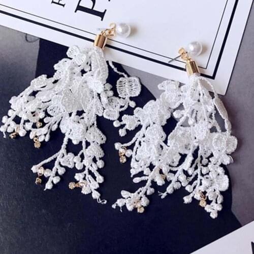 Fashion White Black Fabric Lace Flower Drop Earrings For Women Korean Style Pearl Long Hanging Fringe Earrings Statement Jewelry