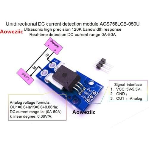Unidirectional DC Current Sensor module ACS758LCB-050U 120 kHz Bandwidth DC: 0-100A 0.06V/1A