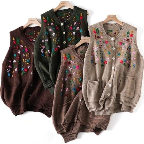 Mori autumn winter knitted vest embroidered floral sweater vest sweet lovely versatile vest