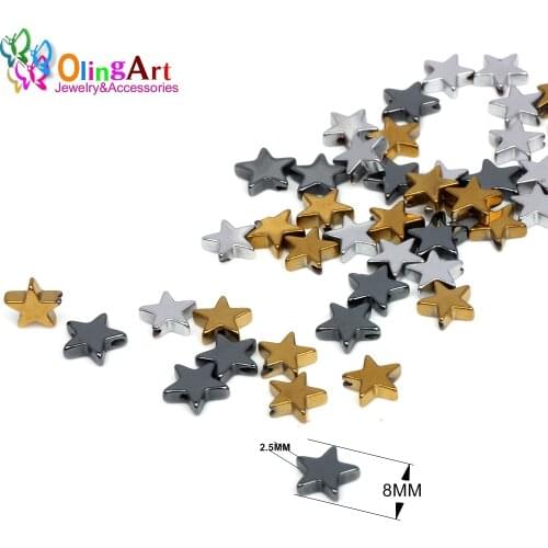 OlingArt 8MM 60pcs Natural Stone Black Hematite Beads Metal plating Three-color Stars necklace Bracelet DIY jewelry making