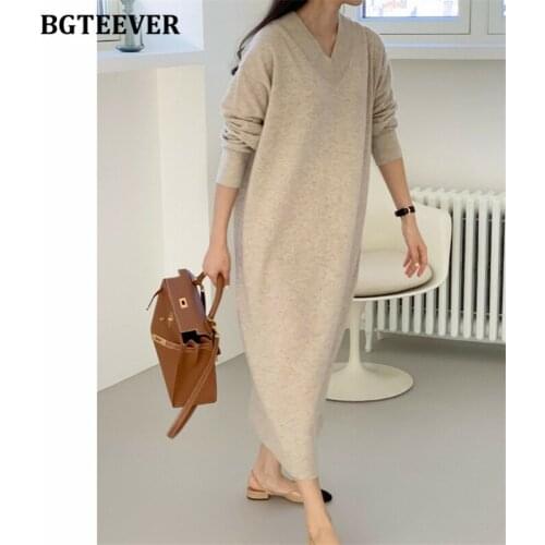 BGTEEVER Vintage Women Oversized Sweater Dress V-neck Long Sleeve Straight Female Knitted Dress 2021 Autumn Winter Knit Vestidos