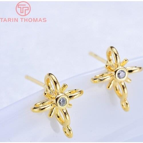 165) 6PCS 11x9MM 24K Gold Color Brass with Zircon Flower Stud Earrings High Quality Diy Jewelry Findings Accessories